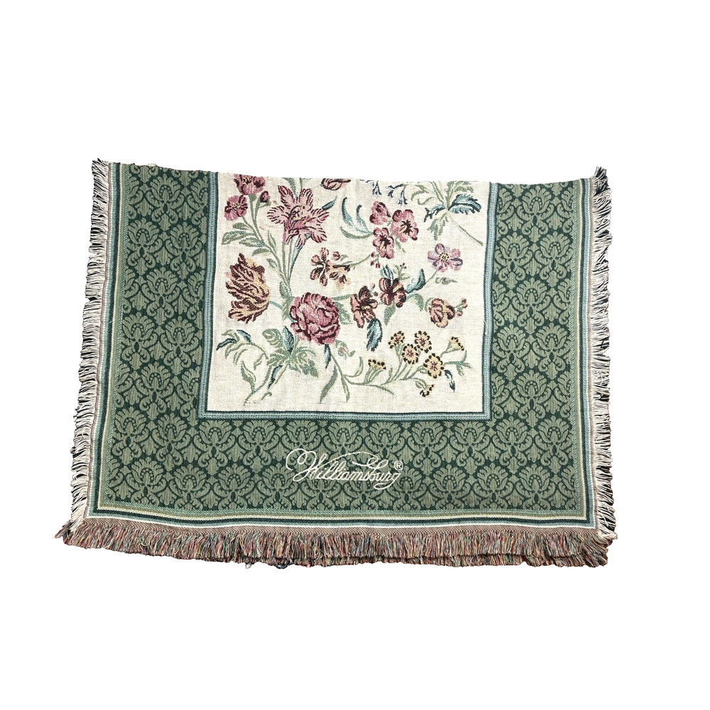 Vintage Colonial Williamsburg Throw Blanket Green Pink Floral Cotton Knit Quilt
